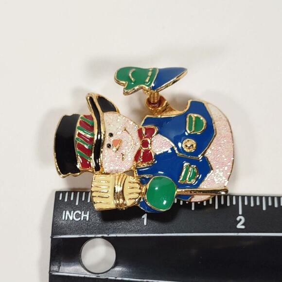 Vintage 90's Enamel SFJ Signed Waving Snowman Brooch - Picture 5 of 11